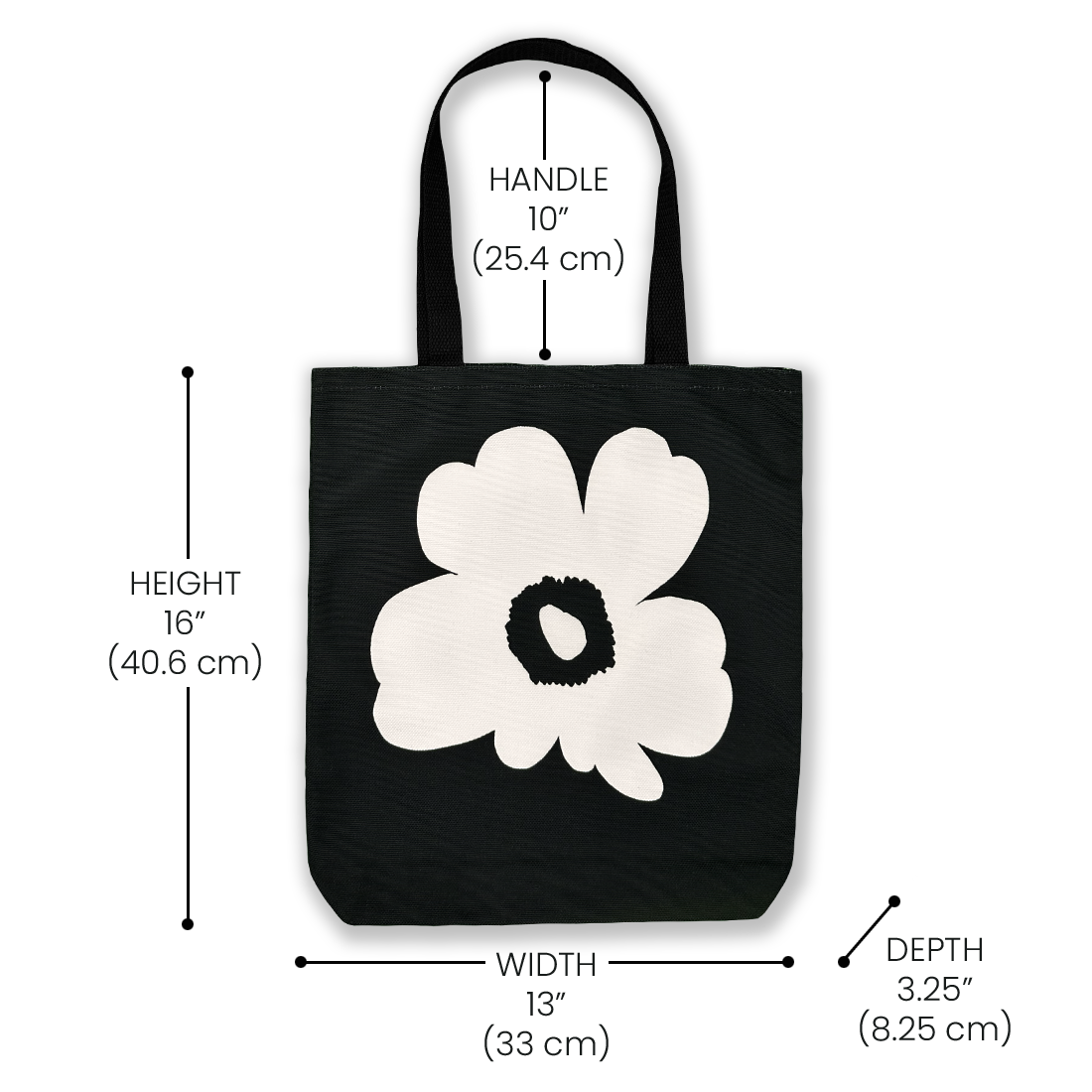 Diagram showing the dimensions of the black tote bag with a white flower design, highlighting its size and features.