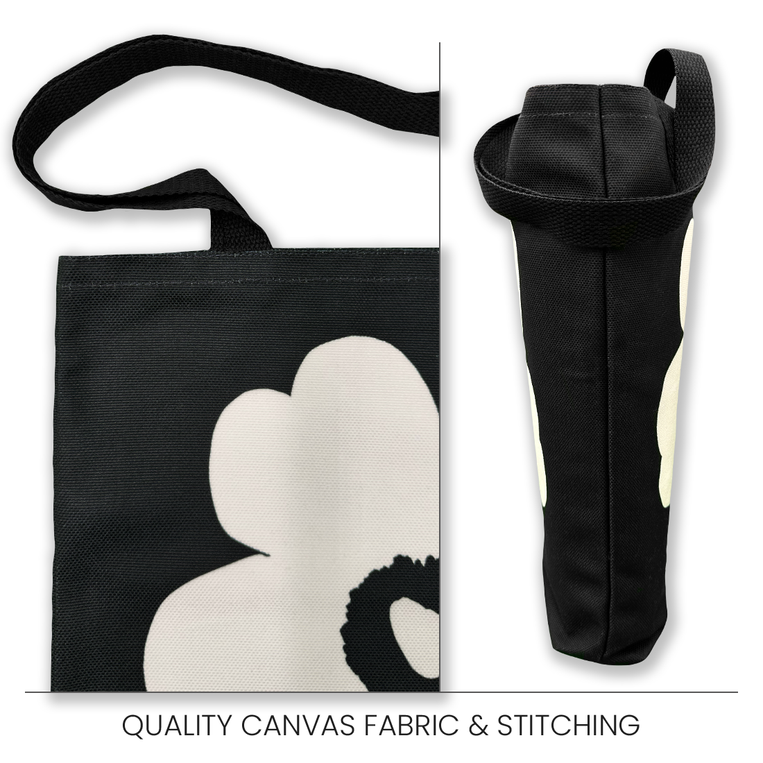 Close-up of the black tote bag, showcasing the durable canvas fabric, black strap, and bold white floral pattern.